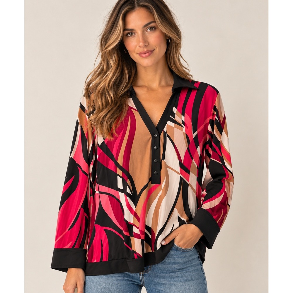 Cache Womens Blouse Medium Pink Black Tan Abstract Swirl Button Front Top